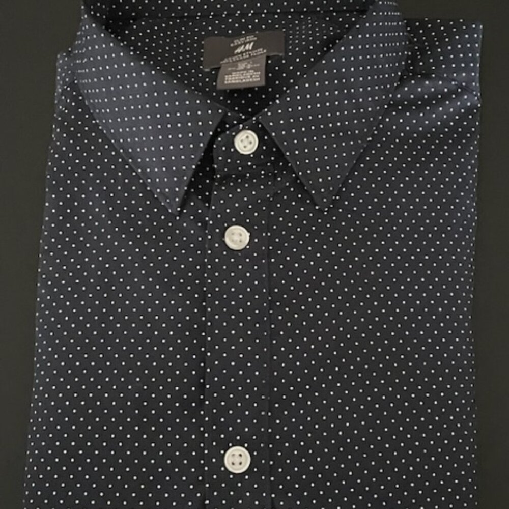 H&M Women’s Navy Slim Fit Polka Dot Button Up Shirt Size Large | Office | Casual